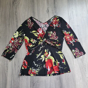 Y2K Babydoll Top Womens Medium Black Red Floral Whimsigoth Fairy Grunge Office